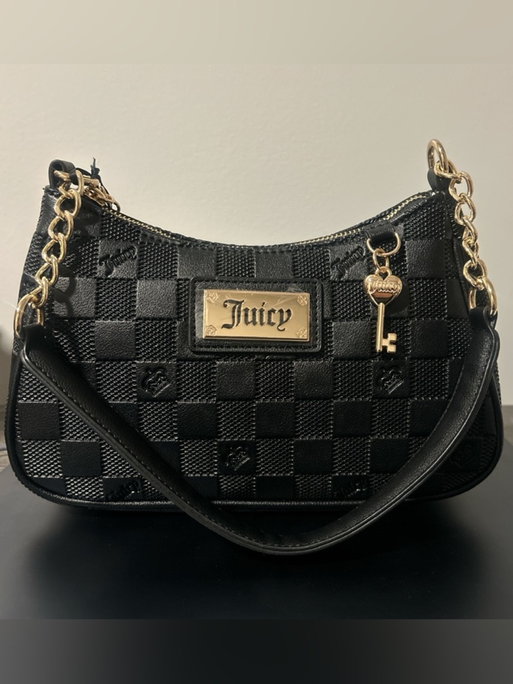 Juicy Couture Black Quilted Shoulder Bag with Gold Logo Plaque